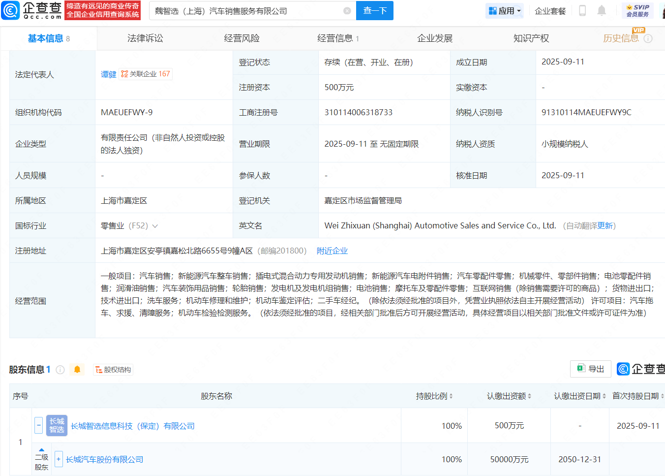 长城汽车在上海成立销售服务新公司